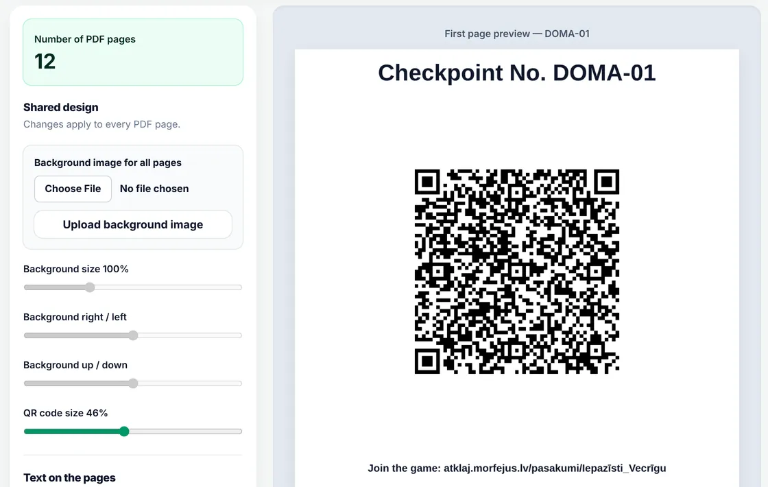 QR page design settings in the organiser panel