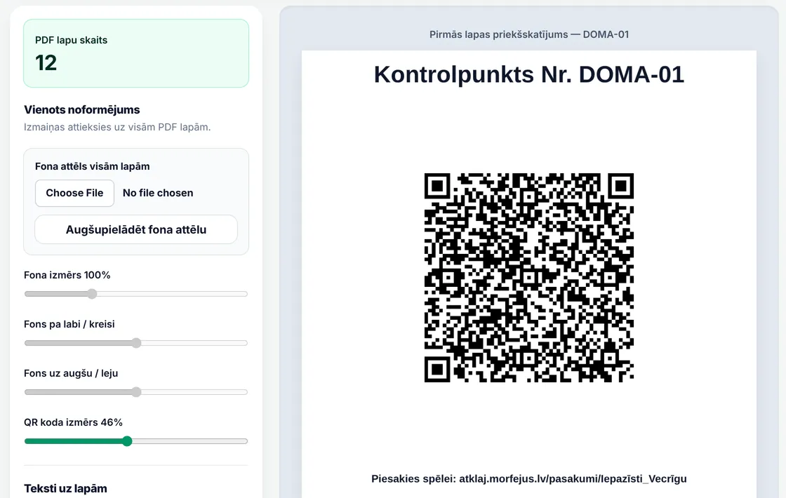 QR lapu dizaina iestatījumi organizatora panelī
